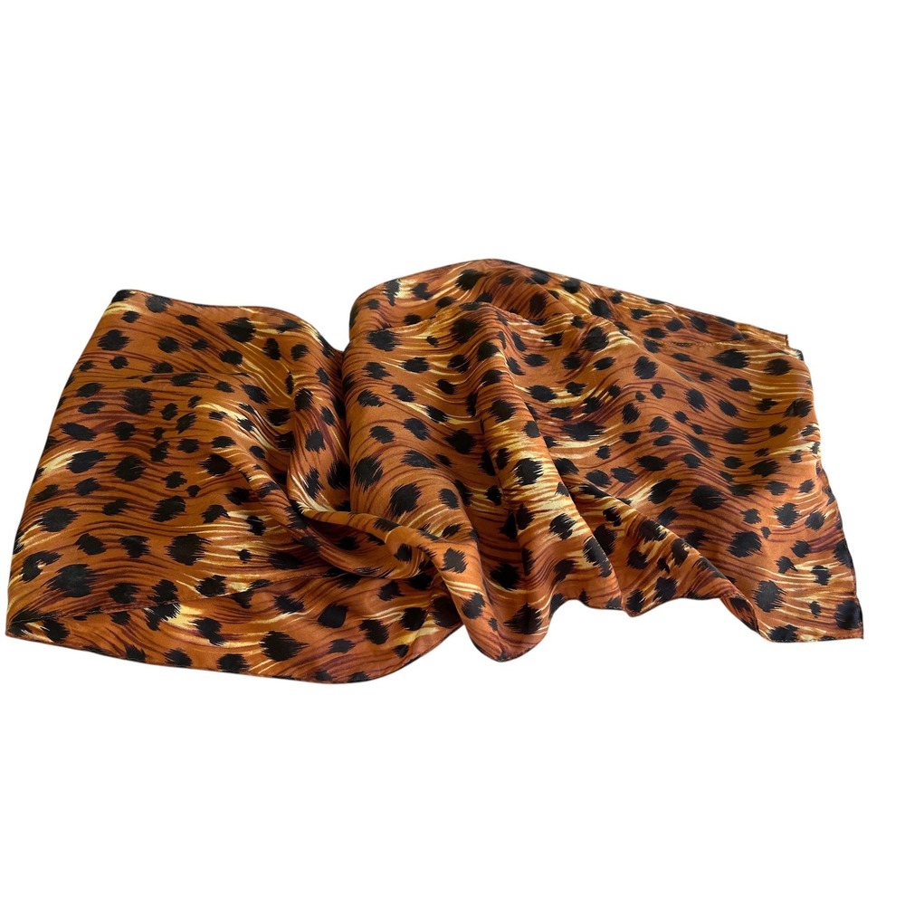 Vintage Silk Scarf : Caramel Brown Leopard Animal Print Fall Sash